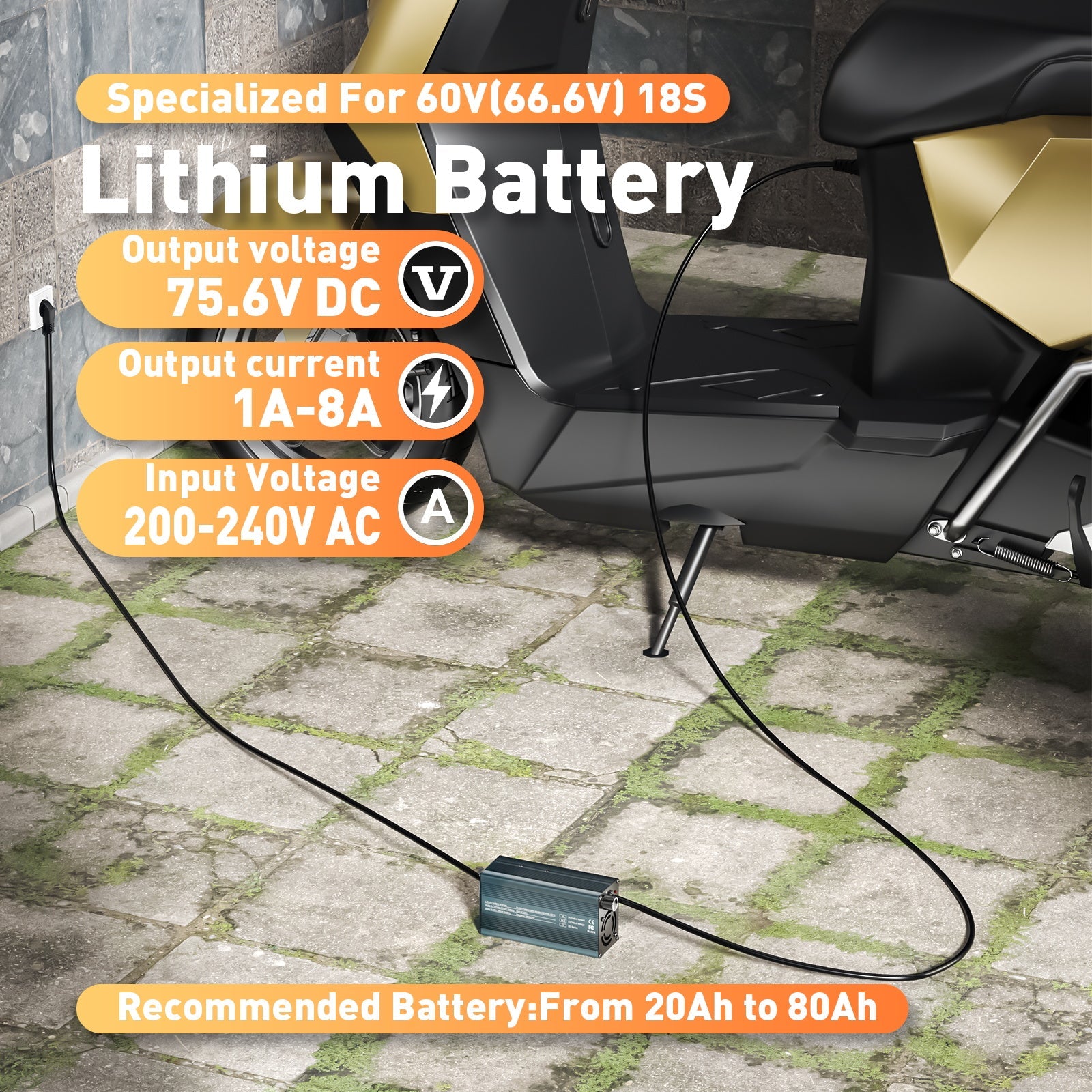 Suraziki 75,6 V 1-8 A stromverstellbares Lithium-Batterieladegerät für 18S 66,6 V Li-Ionen-/ternäre Lithium-/Polymer-Batterie, Ebike-Roller-Elektromotorrad-Batterieladegerät