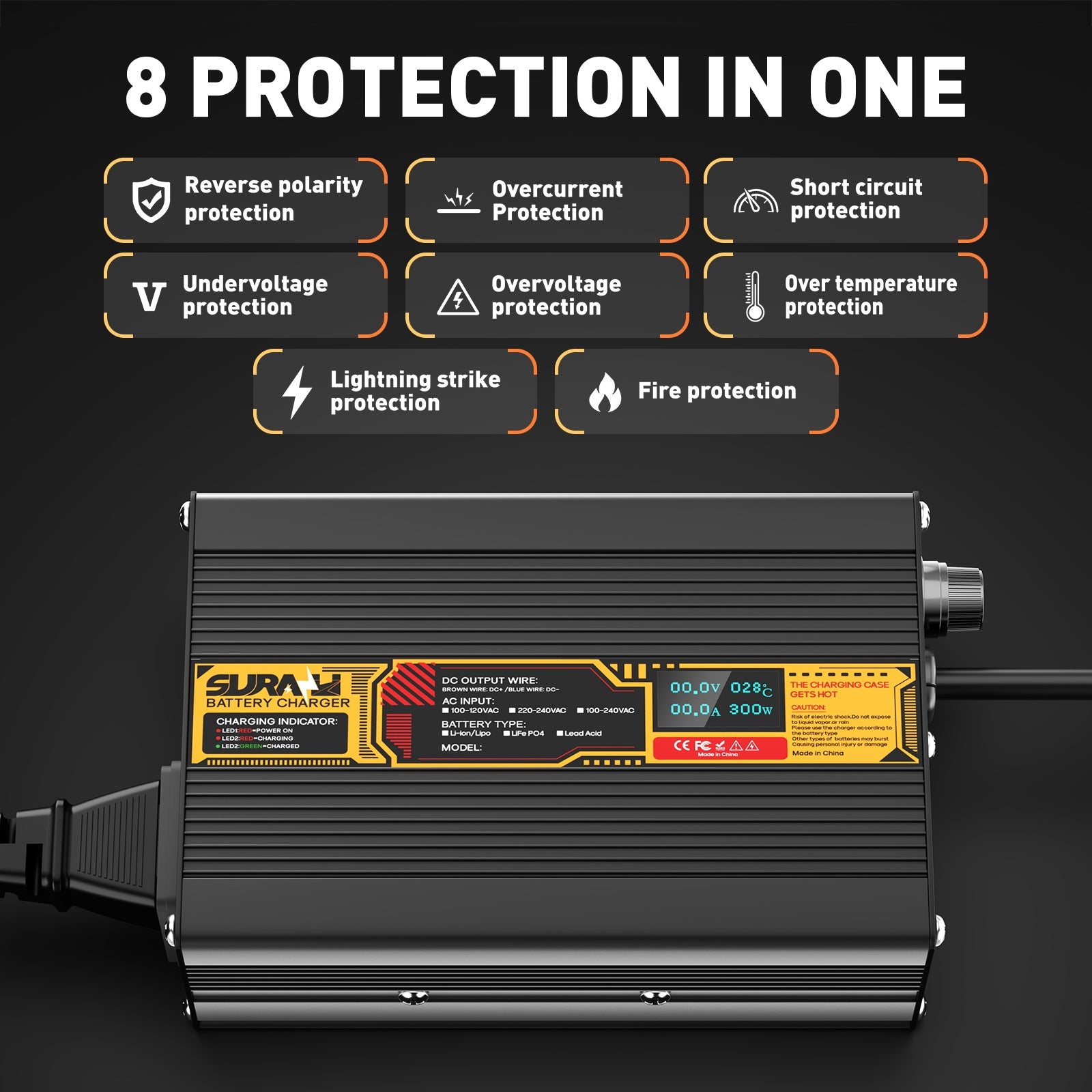 Suraziki Blei-Säure-Batterie, 24 V, 10 A, Batterieladegerät für 24 V Blei-Säure-AGM-GEL-Deep-Cycle- und Autostart-Batterien, LED-Anzeige, vollständiger Schutz, Gehäuse aus Aluminiumlegierung