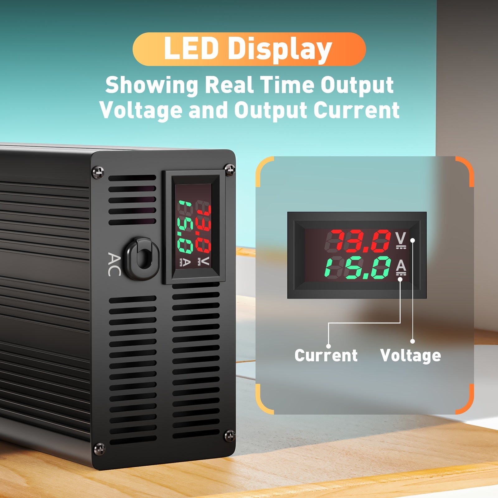 Suraziki 73V 1-15A Adjustable Current Lithium LiFePO4 Battery Charger for 20S 64V (60V) LiFePO4 Battery, Cooling Fan, Aluminum Alloy Case, LCD Display