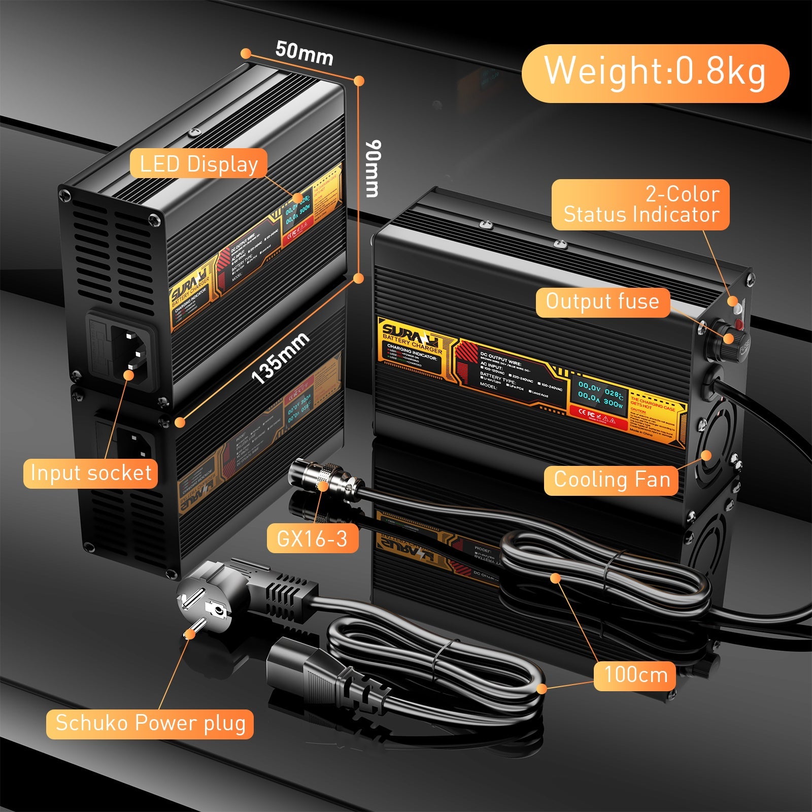 Suraziki Lithium 84V 3A Battery Charger for 74V 72V Lithium-ion polymer batteries, LED Display, Full Protection，Aluminum alloy shell