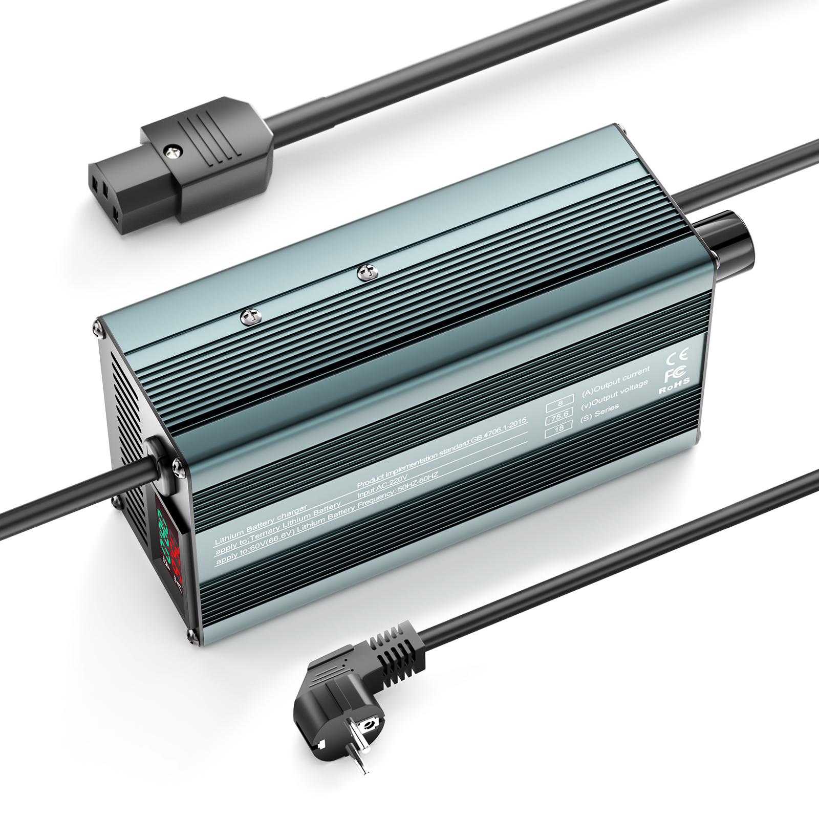 Suraziki 75,6 V 1-8 A stromverstellbares Lithium-Batterieladegerät für 18S 66,6 V Li-Ionen-/ternäre Lithium-/Polymer-Batterie, Ebike-Roller-Elektromotorrad-Batterieladegerät