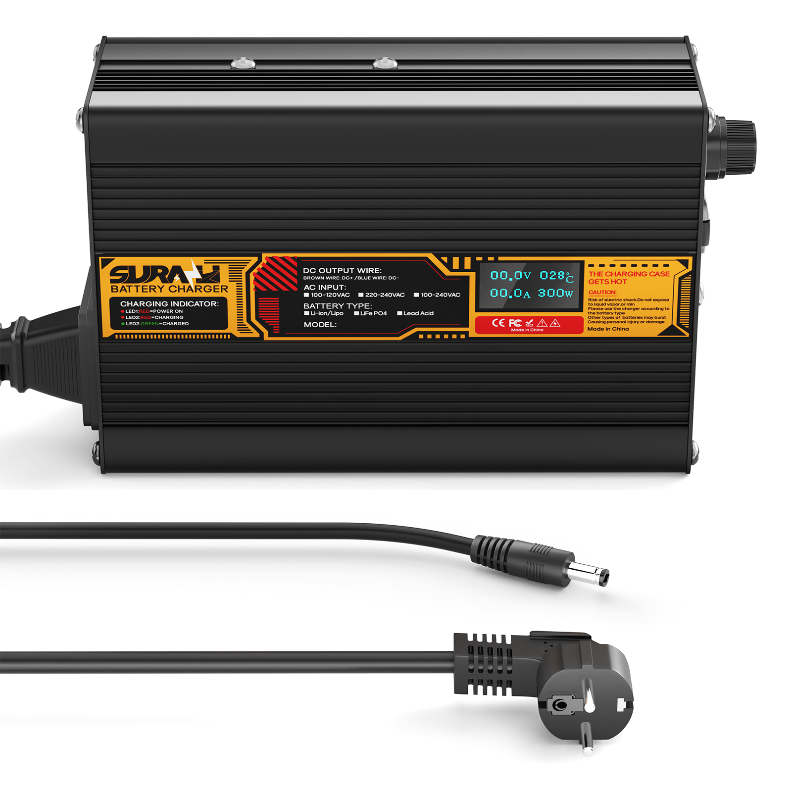 Suraziki LiFePO4 73V 3A Battery Charger for 60V/64V Lithium Iron Phosphate Batteries, LED Display, Full Protection