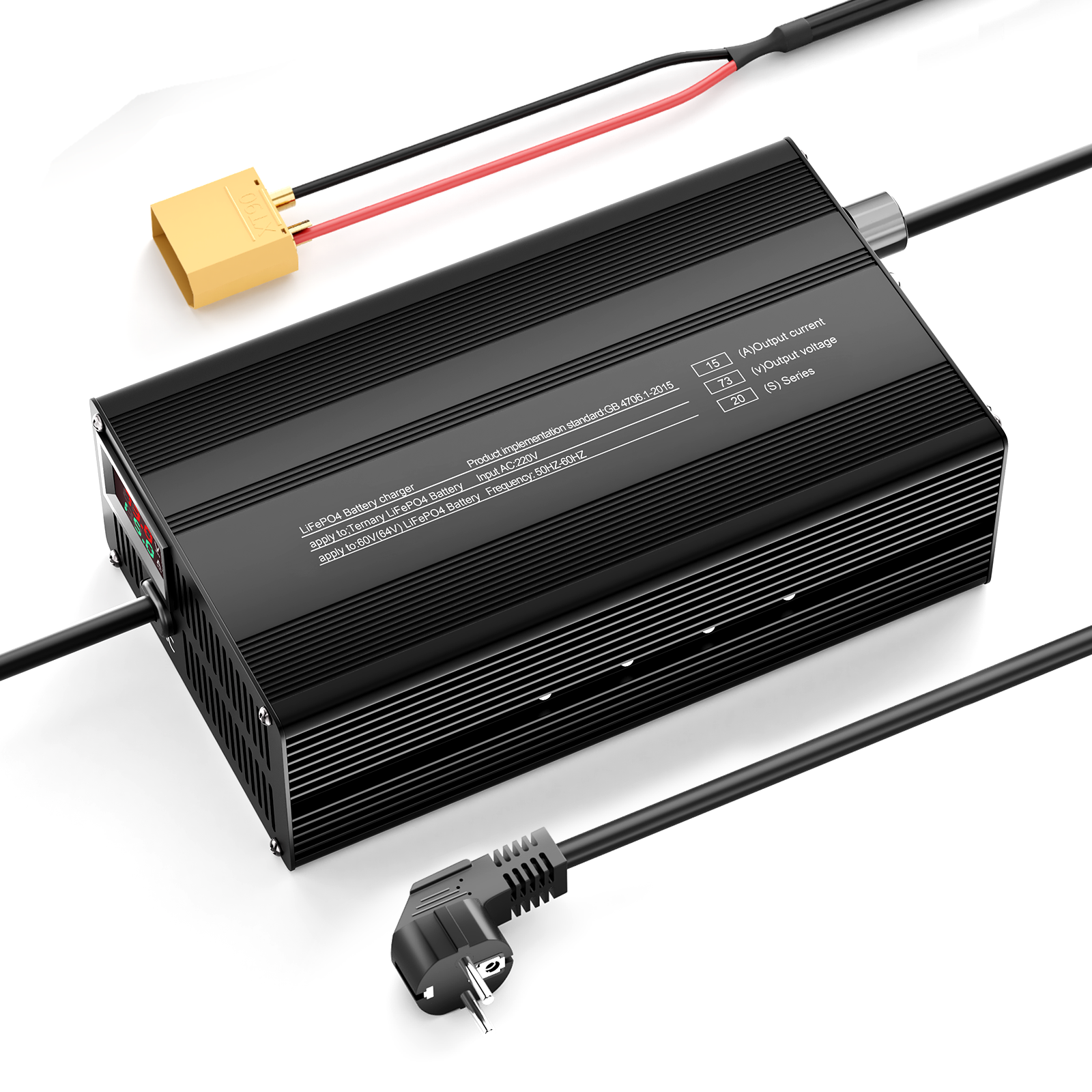 Suraziki 73V 1-15A Adjustable Current Lithium LiFePO4 Battery Charger for 20S 64V (60V) LiFePO4 Battery, Cooling Fan, Aluminum Alloy Case, LCD Display