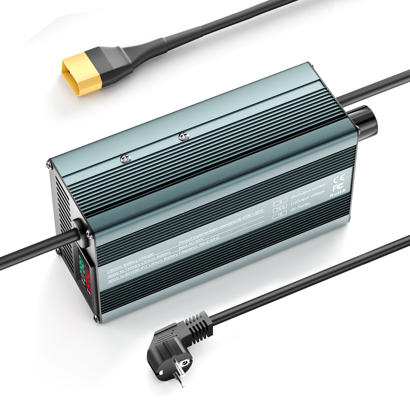 Suraziki 75,6 V 1-8 A stromverstellbares Lithium-Batterieladegerät für 18S 66,6 V Li-Ionen-/ternäre Lithium-/Polymer-Batterie, Ebike-Roller-Elektromotorrad-Batterieladegerät
