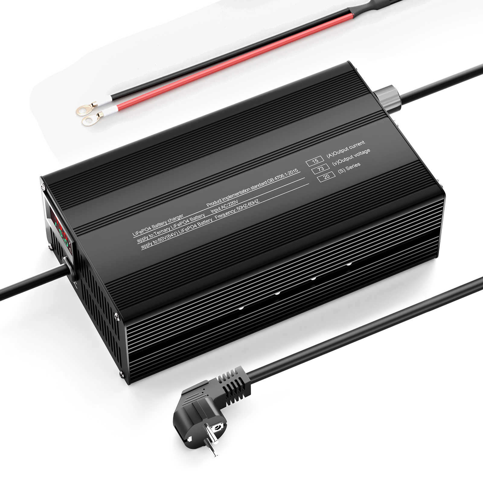 Suraziki 73V 1-15A Adjustable Current Lithium LiFePO4 Battery Charger for 20S 64V (60V) LiFePO4 Battery, Cooling Fan, Aluminum Alloy Case, LCD Display