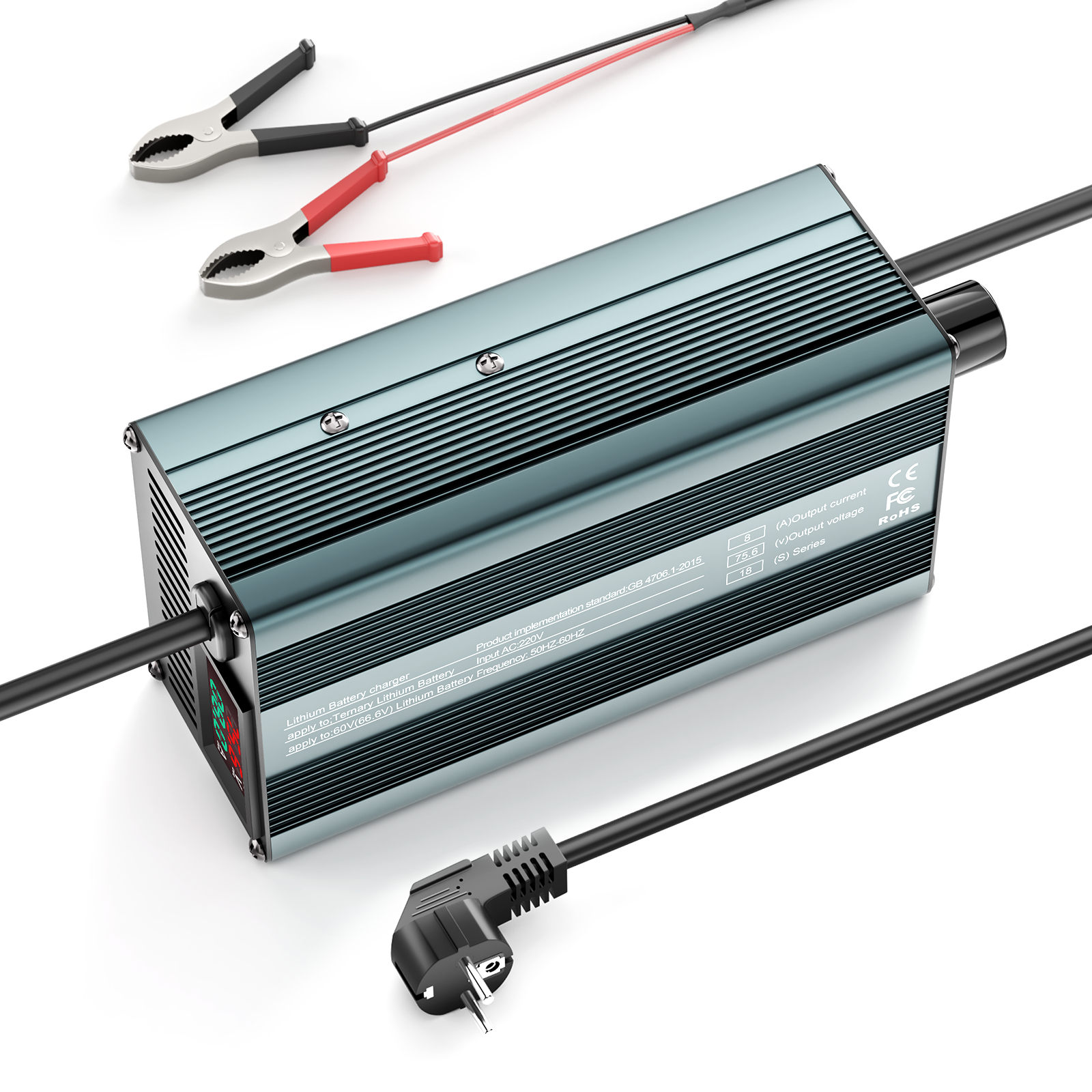 Suraziki 75,6 V 1-8 A stromverstellbares Lithium-Batterieladegerät für 18S 66,6 V Li-Ionen-/ternäre Lithium-/Polymer-Batterie, Ebike-Roller-Elektromotorrad-Batterieladegerät
