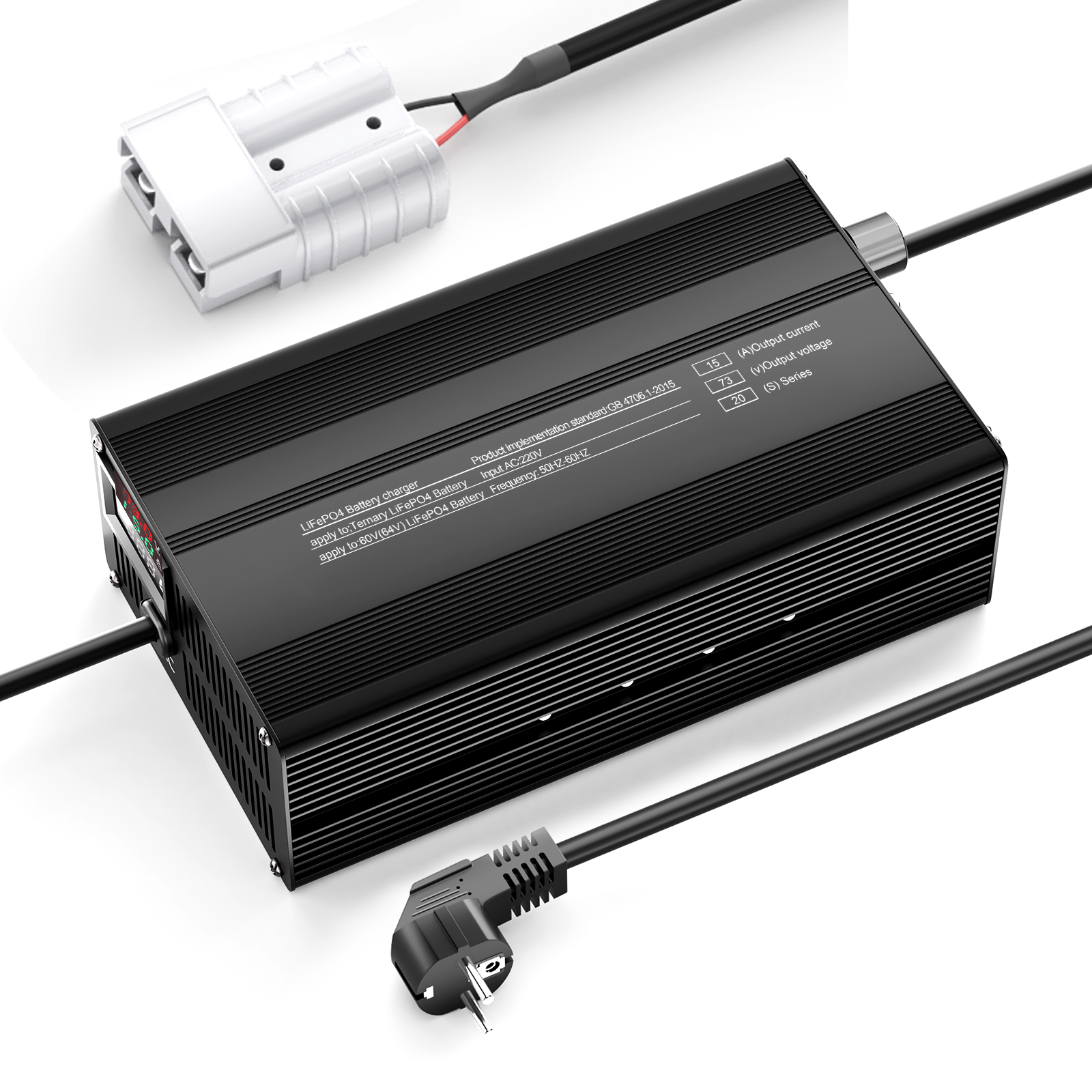 Suraziki 73V 1-15A Adjustable Current Lithium LiFePO4 Battery Charger for 20S 64V (60V) LiFePO4 Battery, Cooling Fan, Aluminum Alloy Case, LCD Display