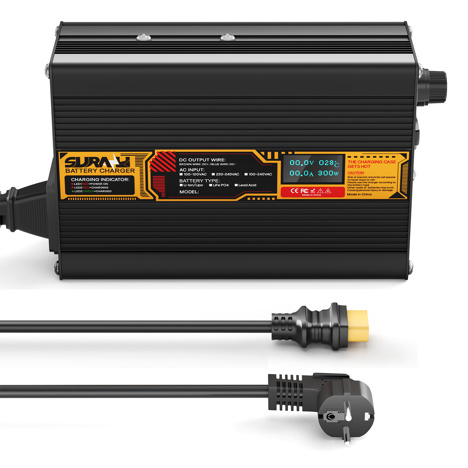 Suraziki LiFePO4 73V 2A Battery Charger for 60V/64V Lithium Iron Phosphate Batteries, LED Display, Full Protection
