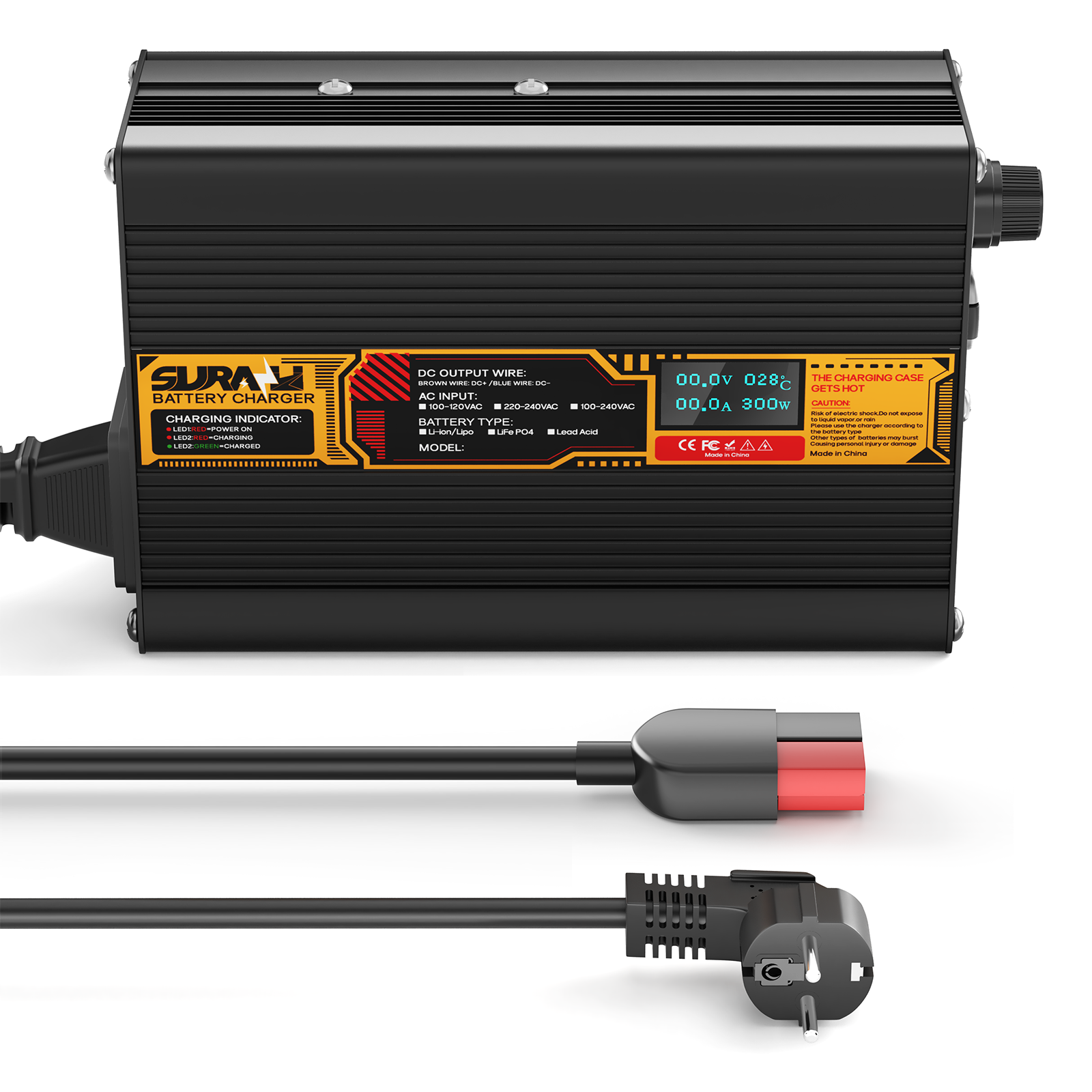 Suraziki LiFePO4 73V 4A Battery Charger for 60V/64V Lithium Iron Phosphate Batteries, LED Display, Full Protection
