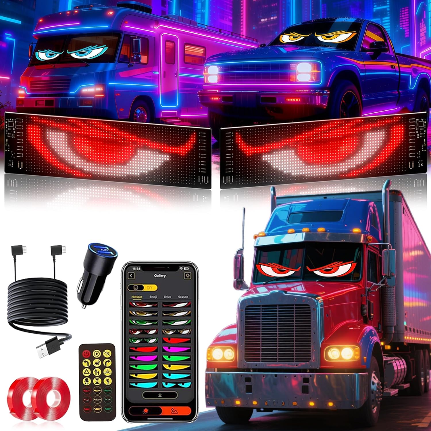 Devil Eyes Light for Trucks/Cars, LED Eyes for Cars, Truck Interior Accessories,  Personalized Light Sign for truck windshield, Scrolling Text Holiday Light Sign（2pcs）