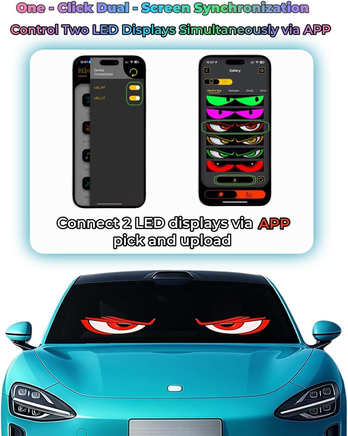 Devil Eyes Light for Trucks/Cars, LED Eyes for Cars, Truck Interior Accessories,  Personalized Light Sign for truck windshield, Scrolling Text Holiday Light Sign（2pcs）