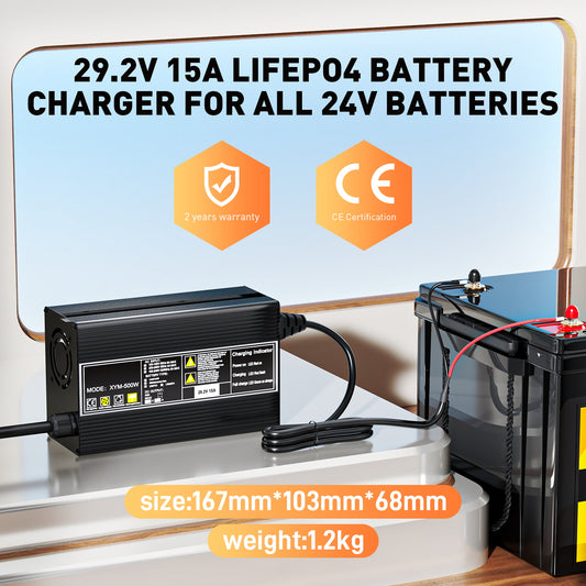 Suraziki 29.2V 15A LiFePO4 Battery Charger for 25.6V(24V) 8S Batteries – Waterproof, 0V BMS Activation, Automatic Shutdown, Ideal for Golf Carts, Motorhomes & Electric Fishing Motors