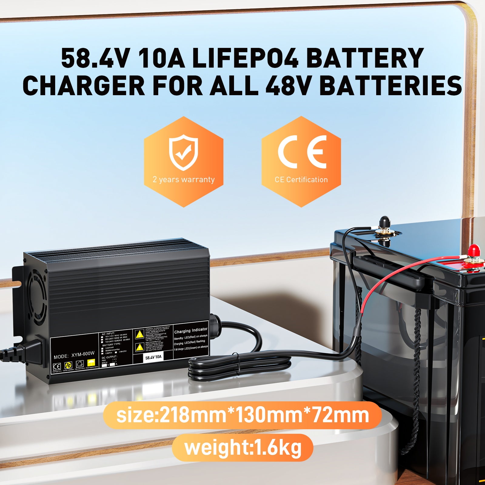 58.4V 10A Charger For 51.2V (48V) 16S LiFePO4 Battery 0V activation, automatic shutdown