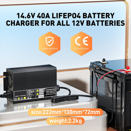 12V 40A Lithium LiFePO4 Battery Charger, Charging Voltage 14.6V , 0V BMS Activate, automatically cut off, Fast charger for 200Ah RV Boat  solar battery