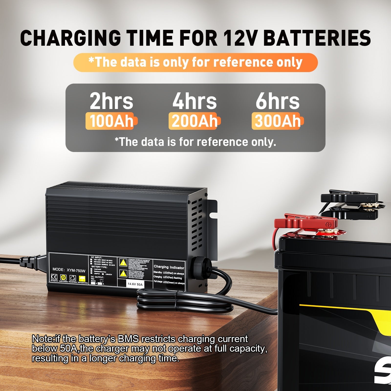 12V 50A Fast Lithium LiFePO4 Battery Charger, Charging Voltage 14.6V , 0V BMS Activate, automatically cut off, RV Boat solar battery charger