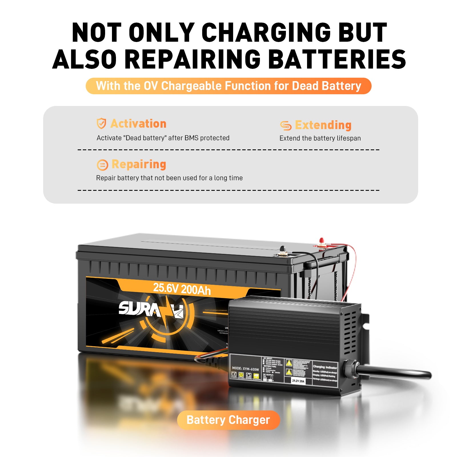 29.2V 20A LiFePO4 Battery Charger for 25.6(24V) Batteries, 0V BMS Activation, Designed for Trolling Motors, Fishing & Camping